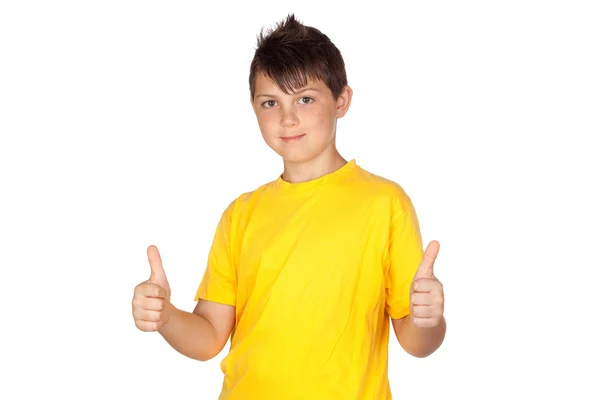 Criança engraçada com camiseta amarela dizendo Ok — Fotografia de Stock