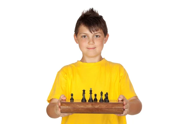 Adorable niño con un juego de ajedrez — Foto de Stock