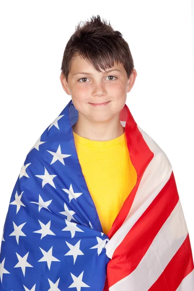 Vicces gyerek sárga pólóban, Amerikai zászló — Stock Fotó