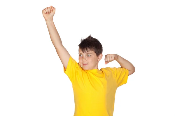 Criança engraçada com camiseta amarela — Fotografia de Stock