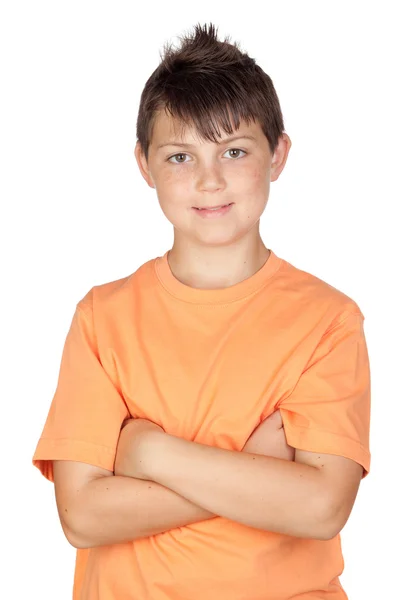 Criança engraçada com camiseta laranja — Fotografia de Stock