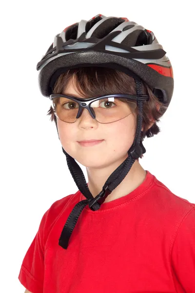 Criança engraçada com óculos e um capacete de bicicleta — Fotografia de Stock