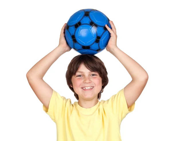 Adorable niño con una pelota de fútbol azul —  Fotos de Stock