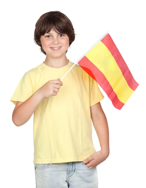 Piegowaty chłopiec z hiszpańską flagę — Zdjęcie stockowe