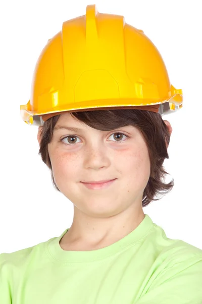 Criança bonita com capacete amarelo — Fotografia de Stock