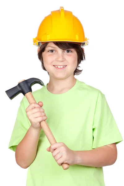 Criança bonita com capacete amarelo e martelo — Fotografia de Stock