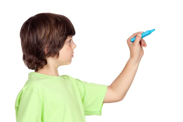 Дитина з синім написанням ручки — стокове фото