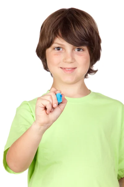 Ребенок с синей ручкой — стоковое фото