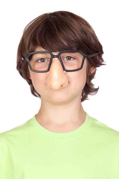 Funny child with glasses and nose joke — Stock Photo, Image