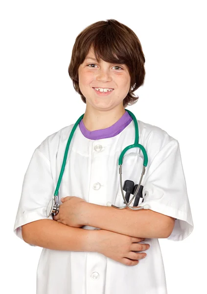 Adorabile ragazzo con vestiti di medico isolato su bianco — Foto Stock