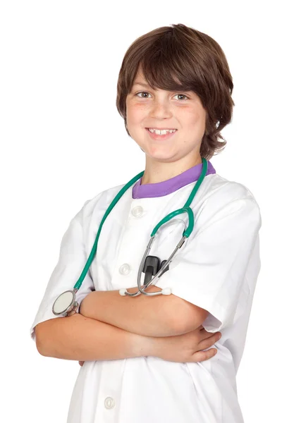 Bedårande pojke med kläder av läkare isolerad på vit — Stockfoto