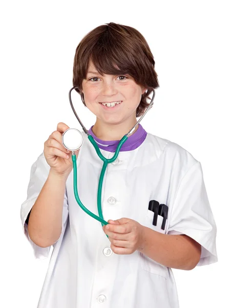 Bedårande pojke med kläder av läkare isolerad på vit — Stockfoto