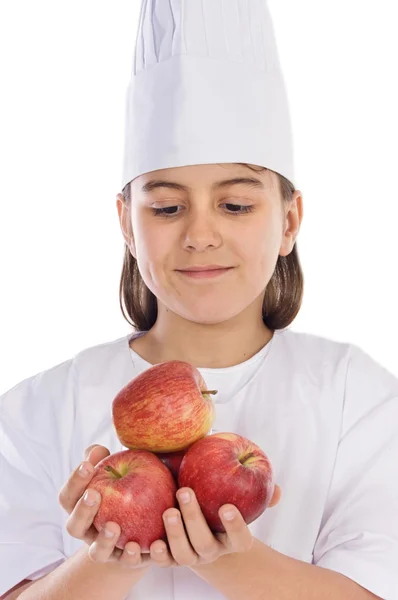 Menina adorável com muitas maçãs — Fotografia de Stock