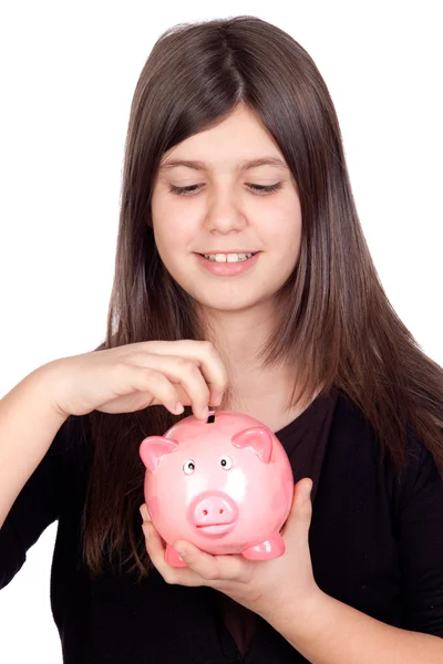 Adorable chica preadolescente con caja de dinero —  Fotos de Stock
