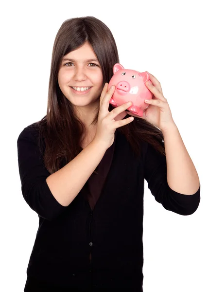 Adorable chica preadolescente con caja de dinero — Foto de Stock