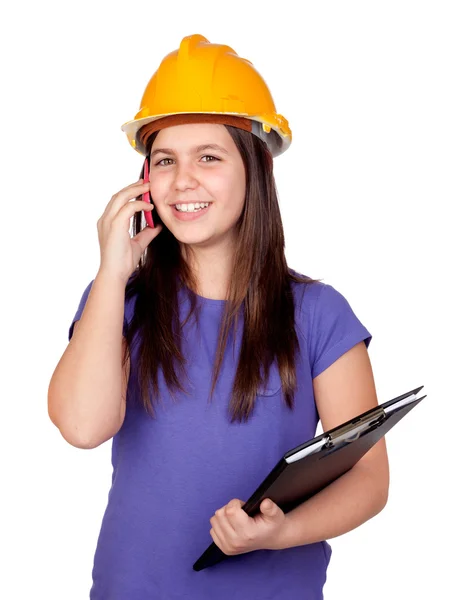 Adorable preteen girl with helmet and a mobile — Stock Photo, Image