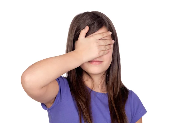 Adorable preteen covering her eyes — Stock Photo, Image