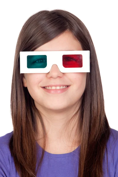 Preteen girl with three-dimensional glasses — Stock Photo, Image