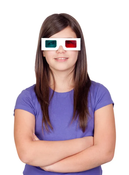 Ragazza preadolescente con occhiali tridimensionali — Foto Stock