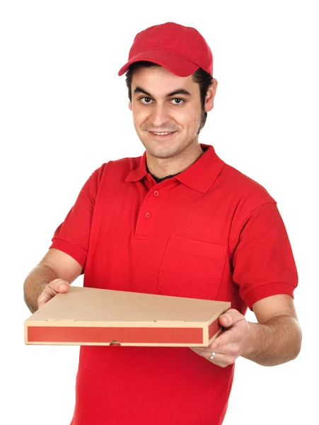 Niño con uniforme rojo entregando una caja de pizza — Foto de Stock
