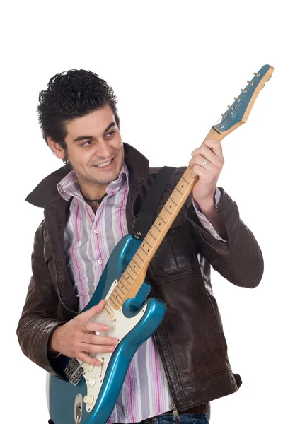 革のジャケットを持つギタリスト — ストック写真