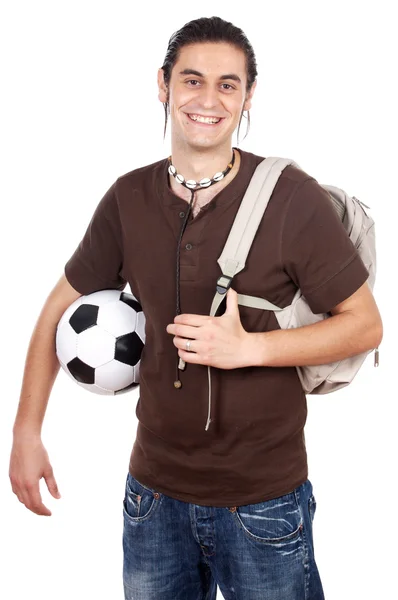 Jeune avec ballon de football et sac à dos — Photo