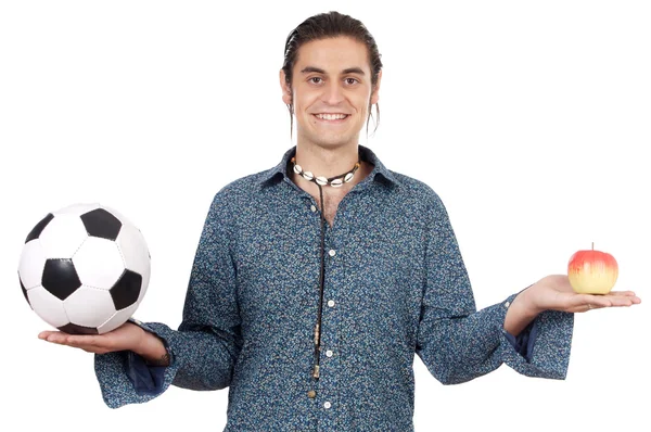 Young with soccer ball and apple — Stock Photo, Image