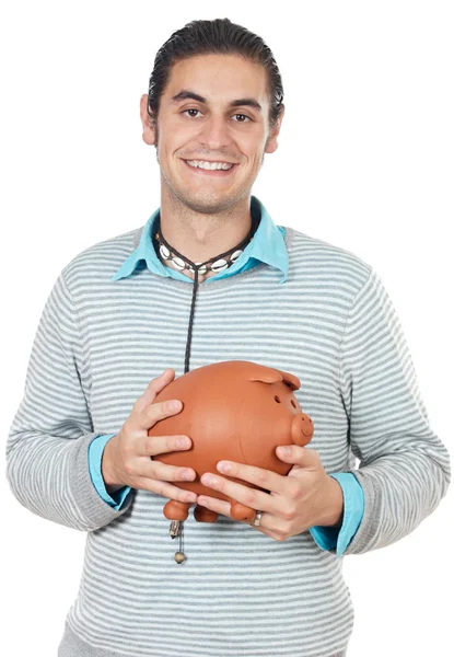 Young man with money box — Stock Photo, Image