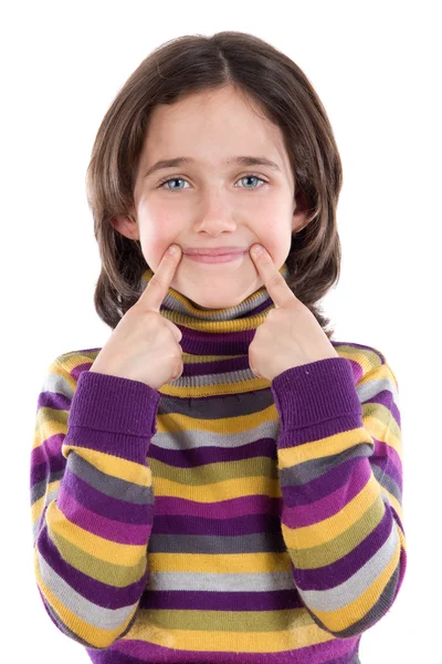 लड़की अपनी उंगलियों से मुस्कुरा रही है — स्टॉक फ़ोटो, इमेज