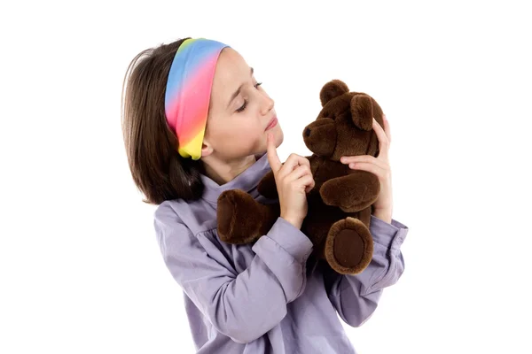 Pretty girl scolding teddy bear — Stock Photo, Image