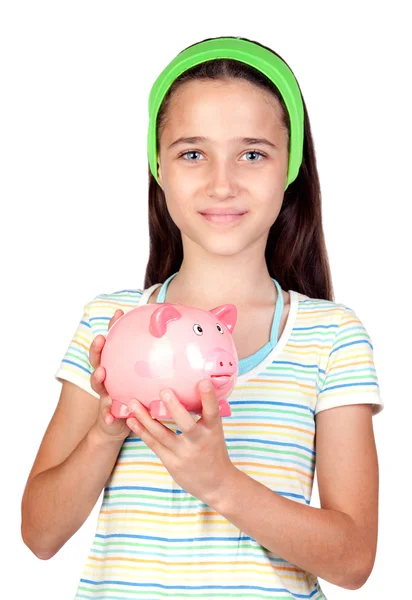 Adorable little girl with money-box — Stock Photo, Image