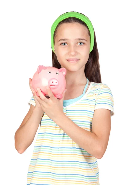 Adorable little girl with money-box — Stock Photo, Image