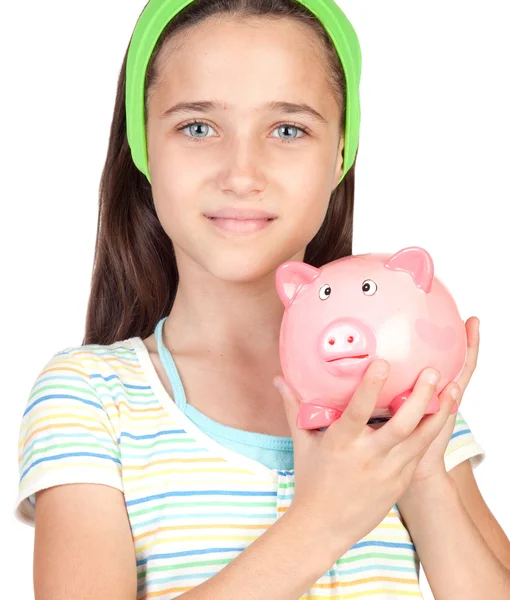 Adorabile bambina con cassetta dei soldi — Foto Stock