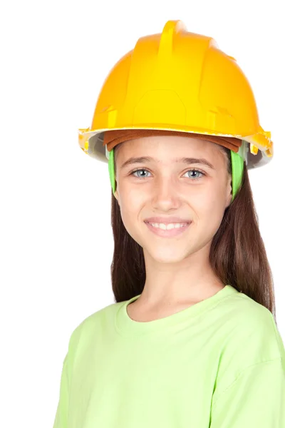 Entzückendes kleines Mädchen mit gelbem Helm — Stockfoto