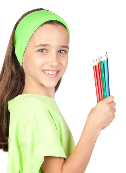 Bedårande liten flicka med många färgade pennor — Stockfoto