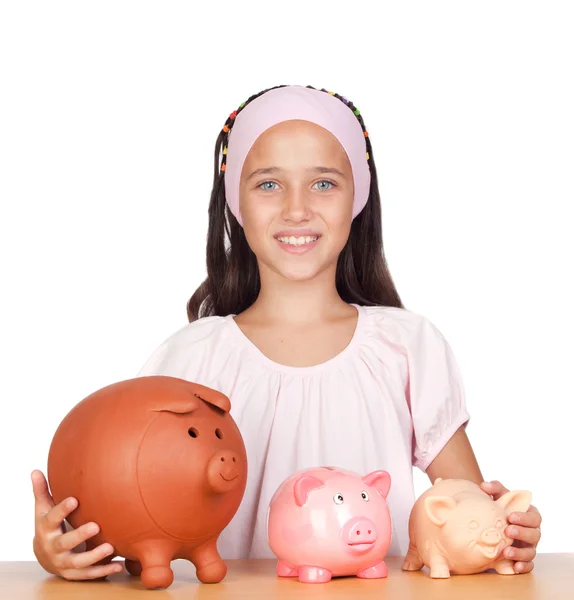 Meisje met met drie piggy-bank — Stockfoto