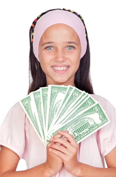 Little girl with with with dollar bills — Stock Photo, Image