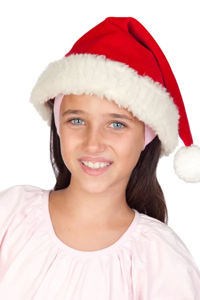 Adorabile bambina con gli occhi azzurri e coppa di Natale — Foto Stock