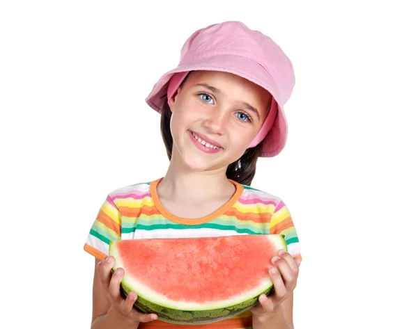 Menina adorável com um grande pedaço de melancia — Fotografia de Stock