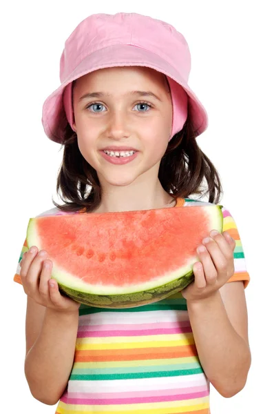 Schattig meisje met een groot stuk van watermeloen — Stockfoto