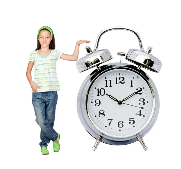 Little girl with a big alarm clock — Stock Photo, Image