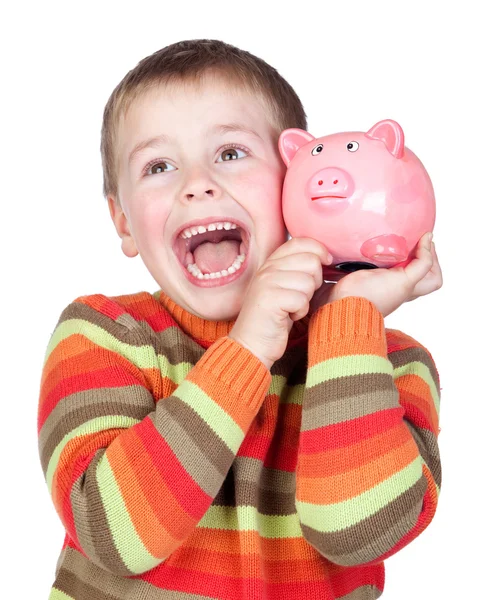 Schattig kind met zijn piggy-bank — Stockfoto