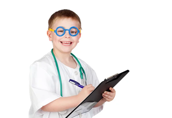 Criança engraçada com uniforme médico — Fotografia de Stock