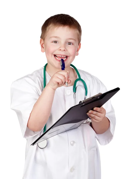 Criança pensativa com uniforme médico — Fotografia de Stock