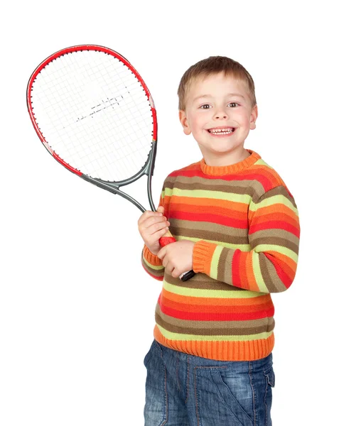 Criança engraçada com uma raquete de tênis — Fotografia de Stock