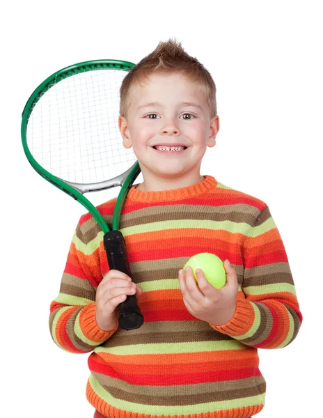 Criança engraçada com uma raquete de tênis — Fotografia de Stock