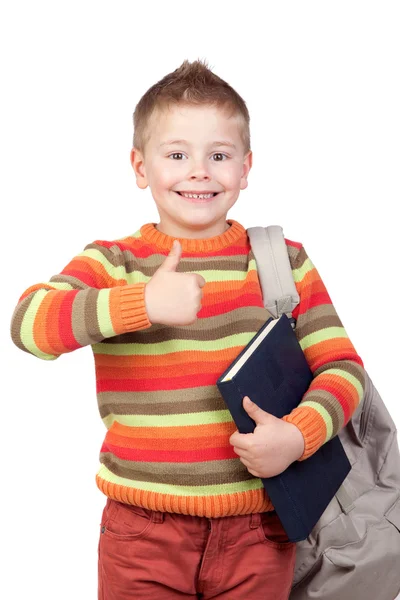 Studente bambino con libri dicendo Ok — Foto Stock