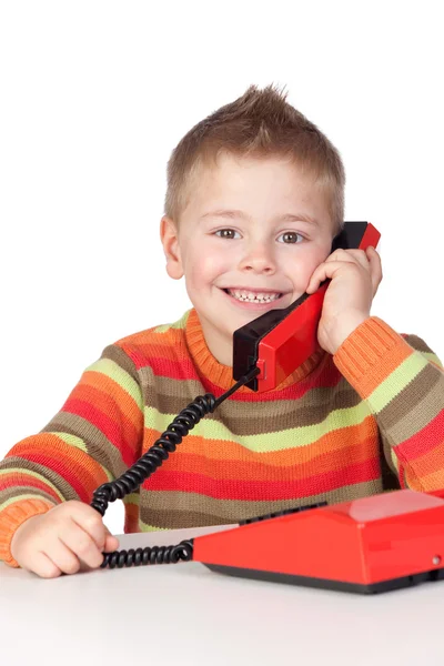 Αξιολάτρευτο παιδί με ένα παραδοσιακό τηλέφωνο — Φωτογραφία Αρχείου