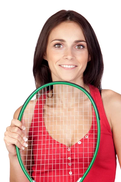 Gyönyörű barna lány teniszütő — Stock Fotó