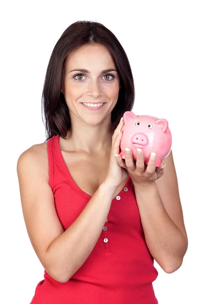 Beautiful girl with piggy-bank — Stock Photo, Image